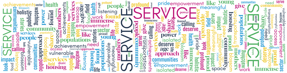 word cloud displaying these terms, Profound impact on my life, Proud achievements, Watching isolated mothers blossom, Empowerment and community, Services they need and deserve, Immense pride, Serve communities that look like me, Public health sector, Access to food, transportation and housing, Holistic approach in our field, Most vulnerable populations, Power of listening, Give people space to share their stories, Found my calling at a young age, Meaningful work